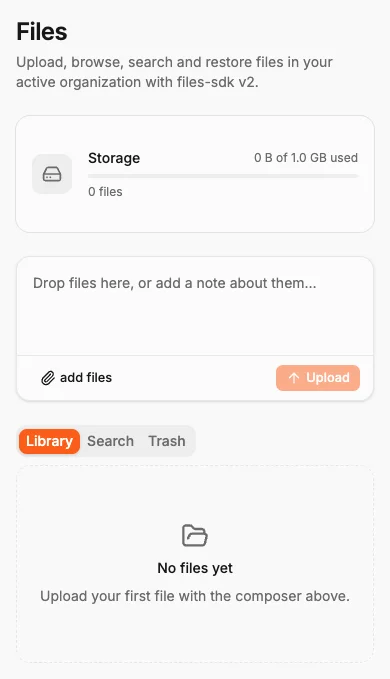 The R2 file manager with uploads, a library and trash.